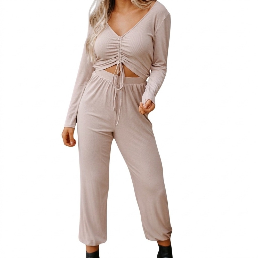 KITTENISH Womens Tan Ribbed Ruched Cutout Long Sleeve Jumpsuit Coquette Large